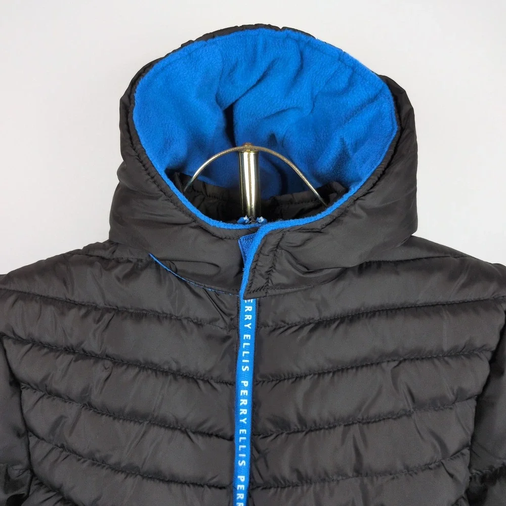 Perry Ellis Boy 14/16 Puffer Jacket Black Blue Fleece Lined Hooded Winter Coat